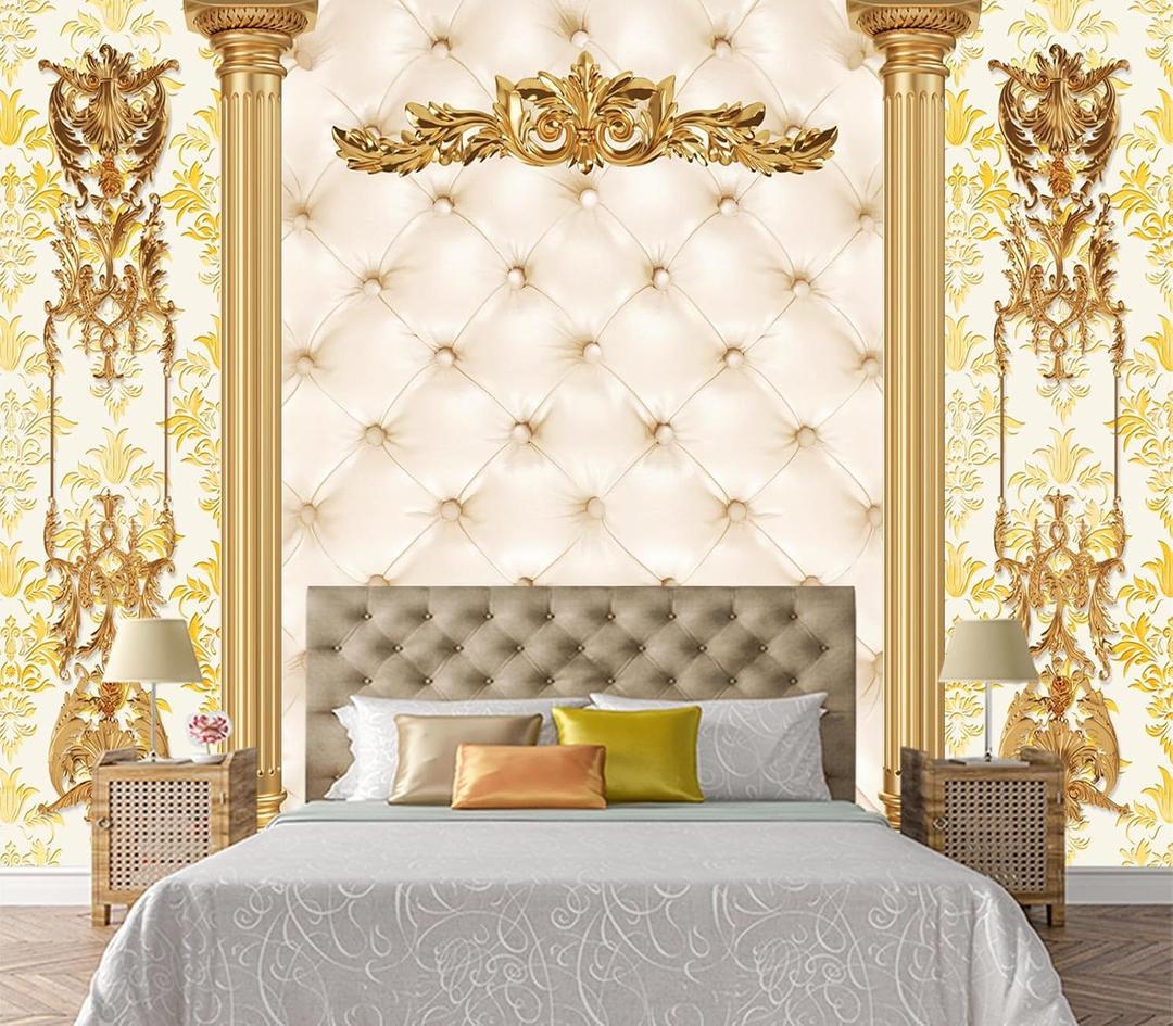 JHGRXFHB-Off-White Diamond Quilted Soft Bag Design, Golden Roman Columns Peel and Stick 160" x 114"
