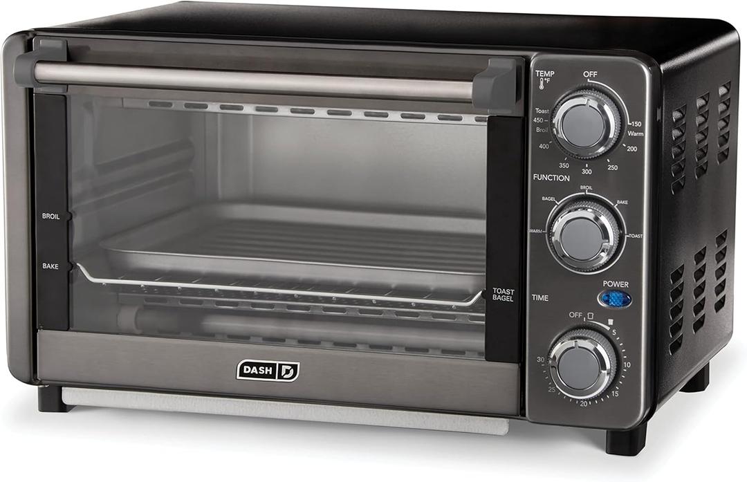Dash Express Toaster Oven - Space-Saving Countertop Design - Versatile Use with adjustable temperature dial & Quick Heat-Up System - Dishwasher Safe Accessories - Bake, Broil & Toast - Black