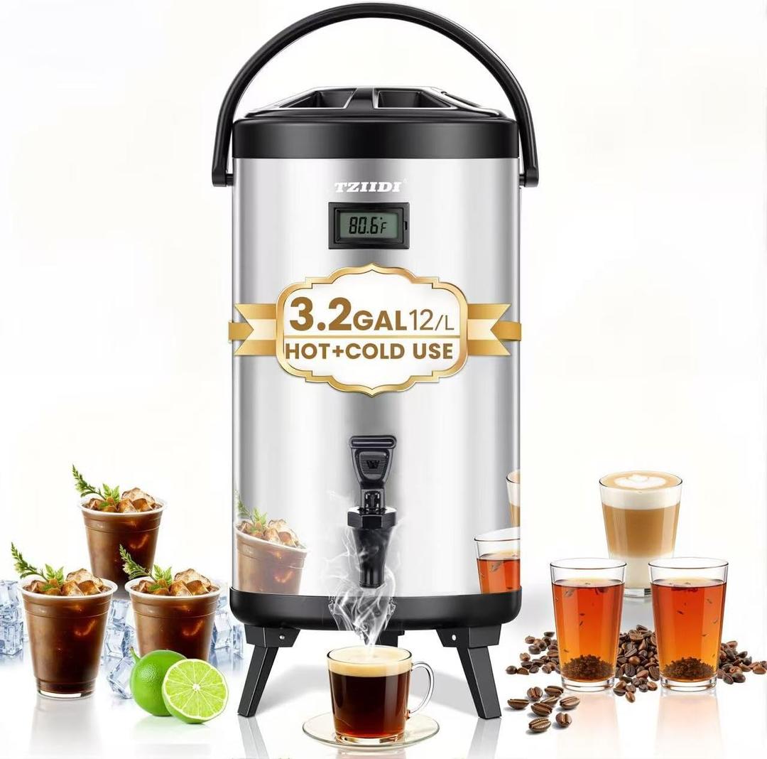 Insulated Beverage Dispenser. Stainless Steel, 12L / 3.2Gal. For Hot and Cold Drinks. Spigot Included. Ideal for Tea, Coffee, Milk, Water, Juice. Keeps Beverages at Right Temperature, Durable (Silver)