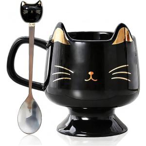 Christmas Mugs High-Footed Ceramic Cat Mug  13.5oz Unique Coffee Cup with kitty Expression Design, Fun Gift for Women, Girls, Kids, Cat Lovers (black)