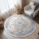 BESTSWEETIE 4ft Area Rug Washable Rugs for Living Room, No Pile Boho Carpet for Entryway Bedroom Dinning Room, Vintage Carpet Print Distressed Non-Slip, 48" Round, Beige Blue