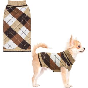 KOOLTAIL Dog Sweater Pet Knitted Clothes - Classic Plaid Pullover Turtleneck Thick Warm Fall Dog Sweaters with Leash Hole, Soft Dog Winter Clothes for Small Medium Large Dogs Cats Puppy Girls Boys, S (Small, Khaki)