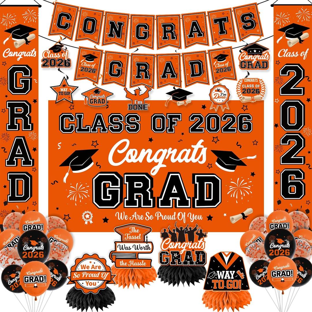 Graduation Decorations 2026 Orange Graduation Party Decor Set include Congrats Grad Banner Backdrop Class of 2026 Balloons Party Supplies