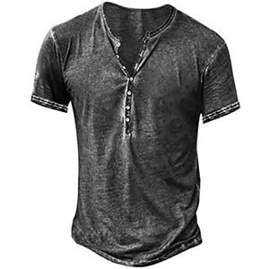 Beotyshow Men's Distressed Henley Shirts Retro Short Sleeve Tee Shirts Casual Button Down Washed T-Shirts for Men Size XXL