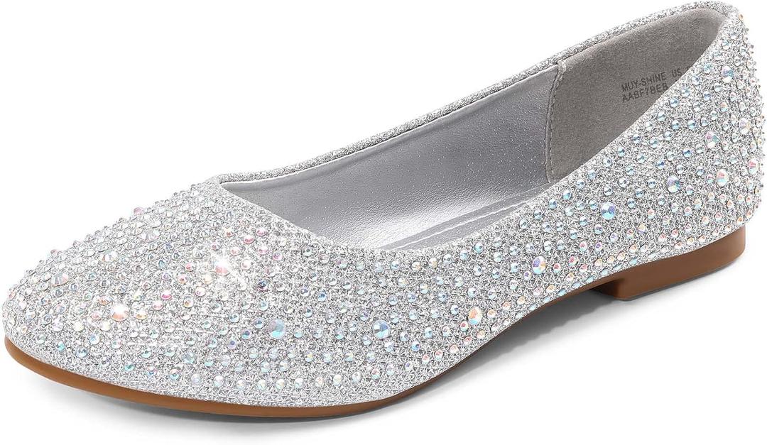 DREAM PAIRS Girls Dress Shoes Slip on Ballerina Flats for Wedding/Party (5 Big Kid, Muy-shine-silver Glitter)