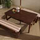 KidKraft Outdoor Wooden Table & Bench Set with Cushions and Umbrella, Kids Backyard Furniture, Espresso with Oatmeal and White Stripe Fabric