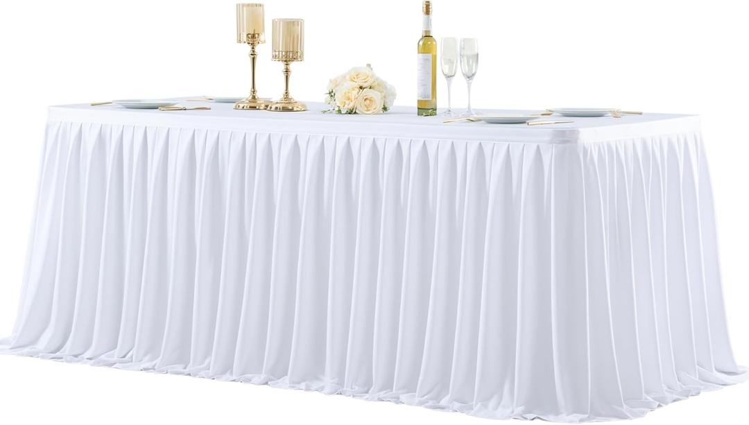 PARTISKY White Polyester Table Skirt for Rectangle Tables 14f, Wrinkle Resistant Pleated Ruffle Table Cloth for Birthday Party Banquet Wedding Baby Shower