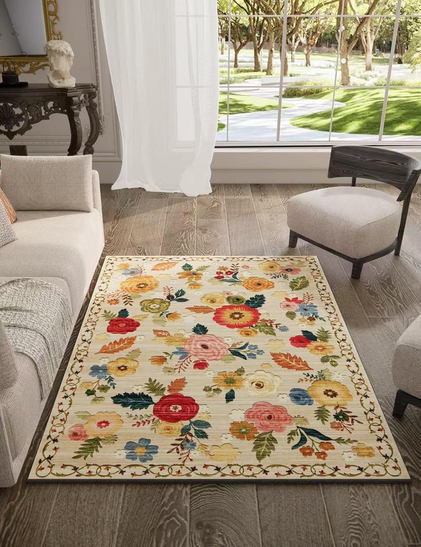 3x5 Washable Area Rugs for Bedroom: Small Entryway Rug with Non Slip Backing Low Pile Soft Faux Wool Distressed Vintage Floral Throw Rugs for Living Room Kitchen Office Dorm Nursery Entrance Enytry
