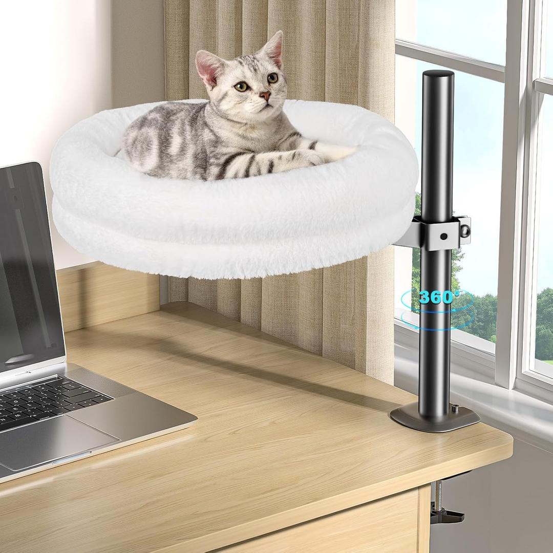 Cat Desk Bed, Supports Up to 50 lbs, Comfortable Soft Perch, Nest Bed Attachment Round Cat Hammock for Desk 360 Rotating & Adjustable Height (White)