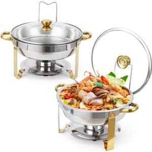 GarveeHome Chafing Dish Buffet Set 2 Pack 5 QT, Stainless Steel Round Chafing Dishes for Buffet With Lid Holder & Glass Lid, Buffet Servers and Warmers for Parties, Wedding, Camping, Dinner, Gold