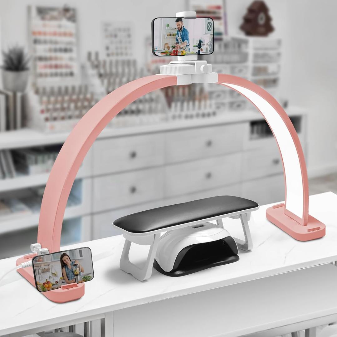 CGBE Half-Moon Nail Light for Desk : Professional Manicurist Table Lamp for Nail Salon Lighting and Eyelash Extensions with Phone Holder - Extra Large 30.7" Craft Desk Light - Pink