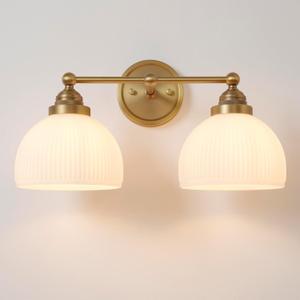 2-Lights Milk White Glass Wall Sconce Lighting Brass Finished, Double Arm Bathroom Vanity Light Fixture for Bedroom Living Room Dining Room Hallway
