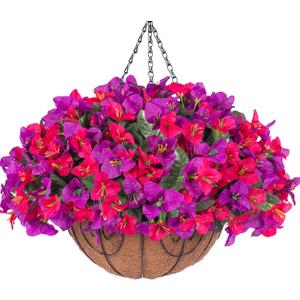 Artificial Hanging Flowers Plant with Basket for Outdoors, Fake Hanging Plants Silk Bougainvillea in Planter Look Real UV Resistant Faux Flower for Outside Porch Patio Garden Home Decor, Purple Hotpink