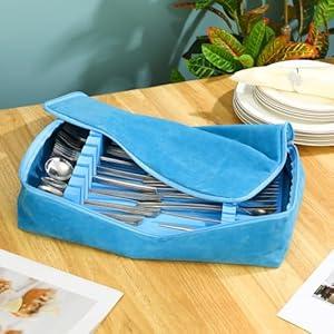 Teenyyou Zippered Flatware Storage Drawer Liner Silverware Storage Bag Tarnish Preventative Silver Organizer Cutlery Case Container Box Large Capacity Silverware Chest 15.75" x 11.02" x 3.94"(Blue)