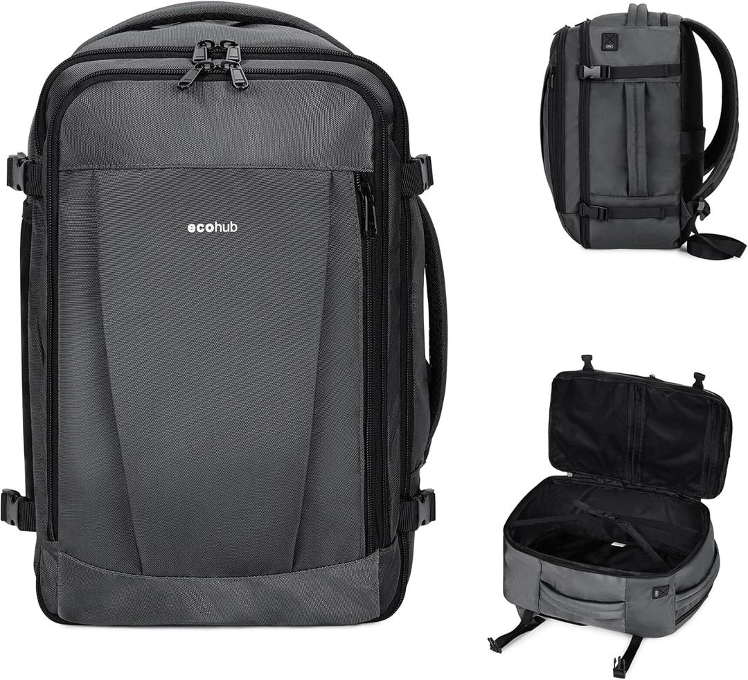 ECOHUB Travel Backpack 18x14x8 Spirit Airlines Personal Item Bag Carry On Backpack 13 Pockets Large Work Casual Daypack for men Airline Approved Waterproof Gym Backpack with Charging Port, Light Grey (18 inch underseat)