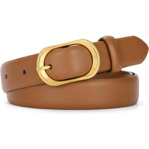 SANSTHS Women Belt for Jeans with Vintage Gold Oval Buckle, Thin Belt for Dresses Pants, Adjustable Waist Belt for Daily Fashion, Brown L