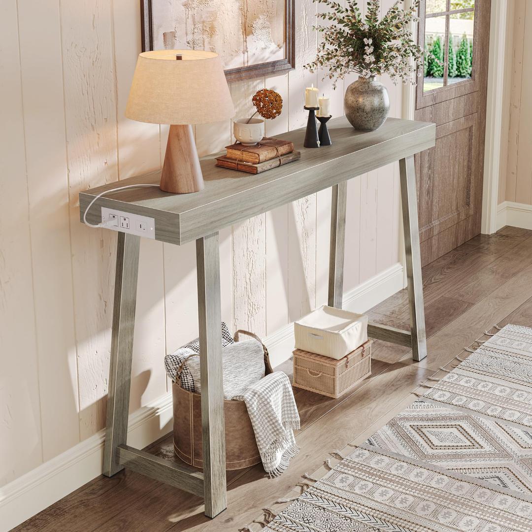 Huuger Entryway Console Table with Charging Station, USB-C Port, 39.4 Inch Sofa Table with Metal Legs, Entry Hallway Table with Thicker Desktop, Modern Behind Couch Table, Grey