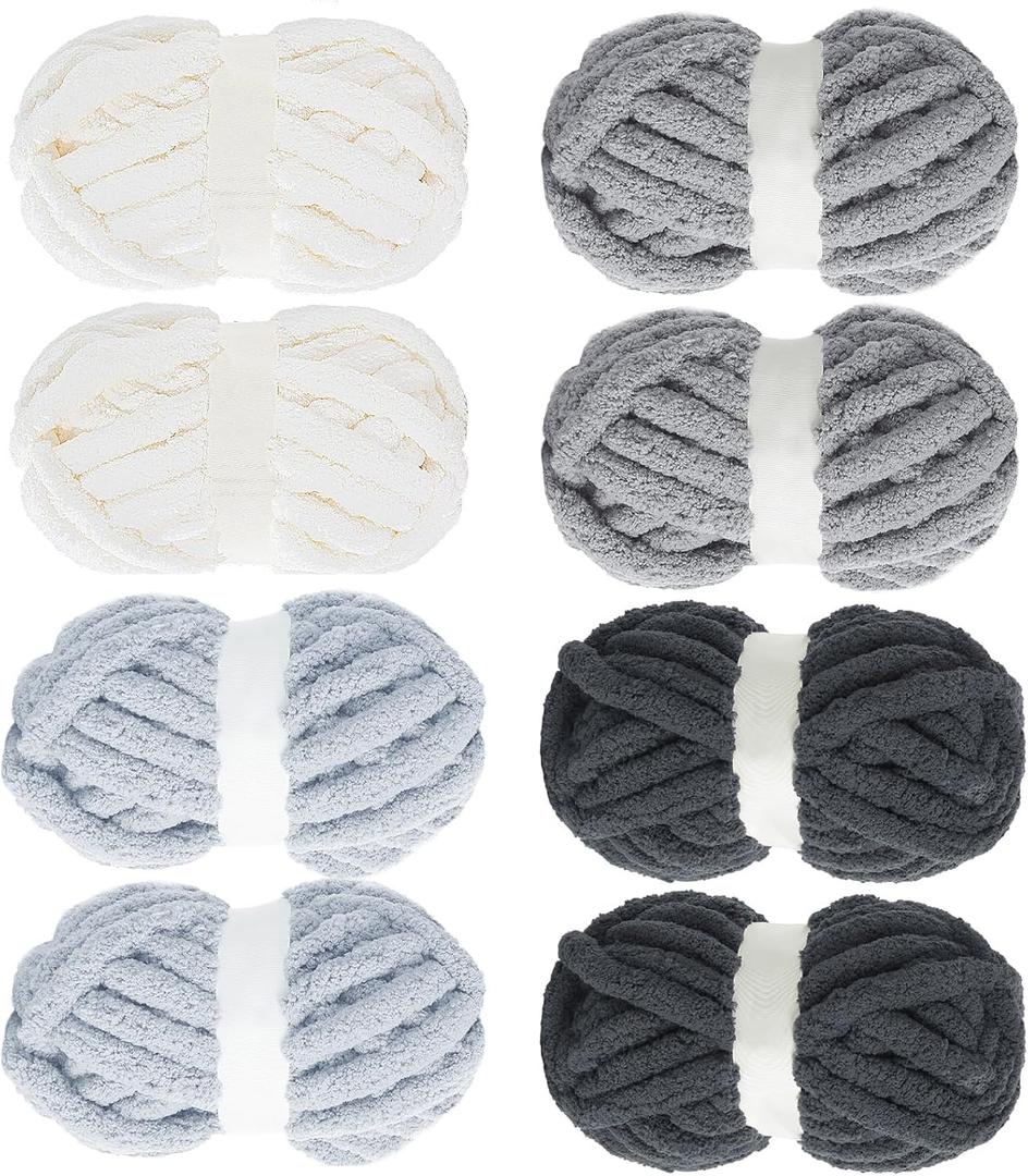 MABOZOO Assorted Chunky Yarn for Hand Knitting 8 Pack, Fluffy Jumbo Chenille Yarn, Soft Plush Yarn Bulky, Giant Thick Fuzzy Yarn for Arm Knitting,Cream & Multi Grey(31.7 yds,8 oz Each Skein)