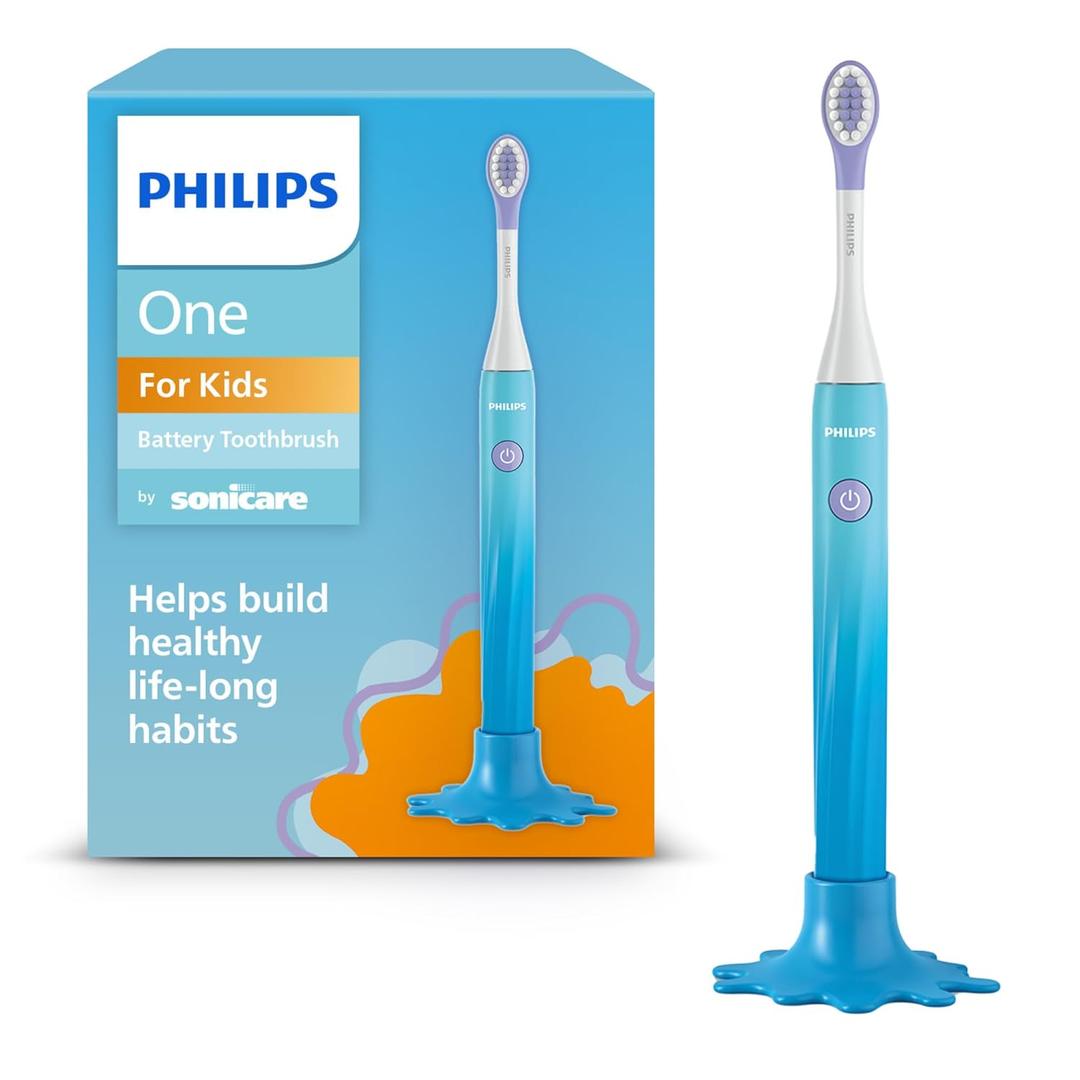 Philips One for Kids by Sonicare, Battery Toothbrush, for Kids Age 3+, with SmarTimer and QuadPacer for Thorough Clean, Lightweight and Colorful Handle, Quick Start Guide, Blue, Model HY1130/02