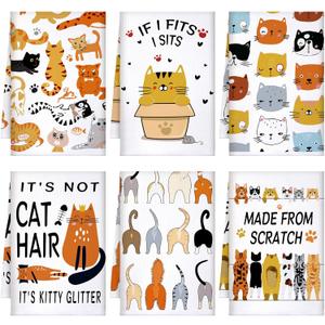 TecUnite 6 Pcs Cat Kitchen Towels Set Funny Cat Tea Towels Cute Dish Towel Decorative Hand Towel Cats Lover Gifts for Cleaning Drying Wiping Tasks Cats Owners Women Mom Housewarming Gifts Decor (Multicolored)