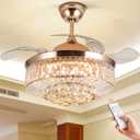 42 inch Crystal Ceiling Fan Light, LED Chandelier Fan with Remote Control Invisible Retractable Blade Extension Design, 3 Wind Speeds Decorative Pendant Lamp(Gold)