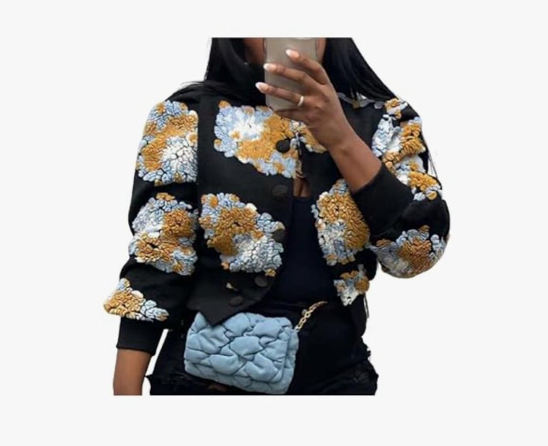 Aimiray Women's Cropped Fleece Jacket Long Sleeve Warm Bomber Sherpa Jacket Floral Printed Varsity Coats Small