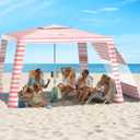 Rhino Valley Beach Cabana, 8 * 8FT Beach Tent UPF50+ Protection, Easy Setup Beach Canopy Wind Resistant with Cup Holder, Compact Beach Shade Foldable Beach Tent Sun Shelter, Pink & White Stripes