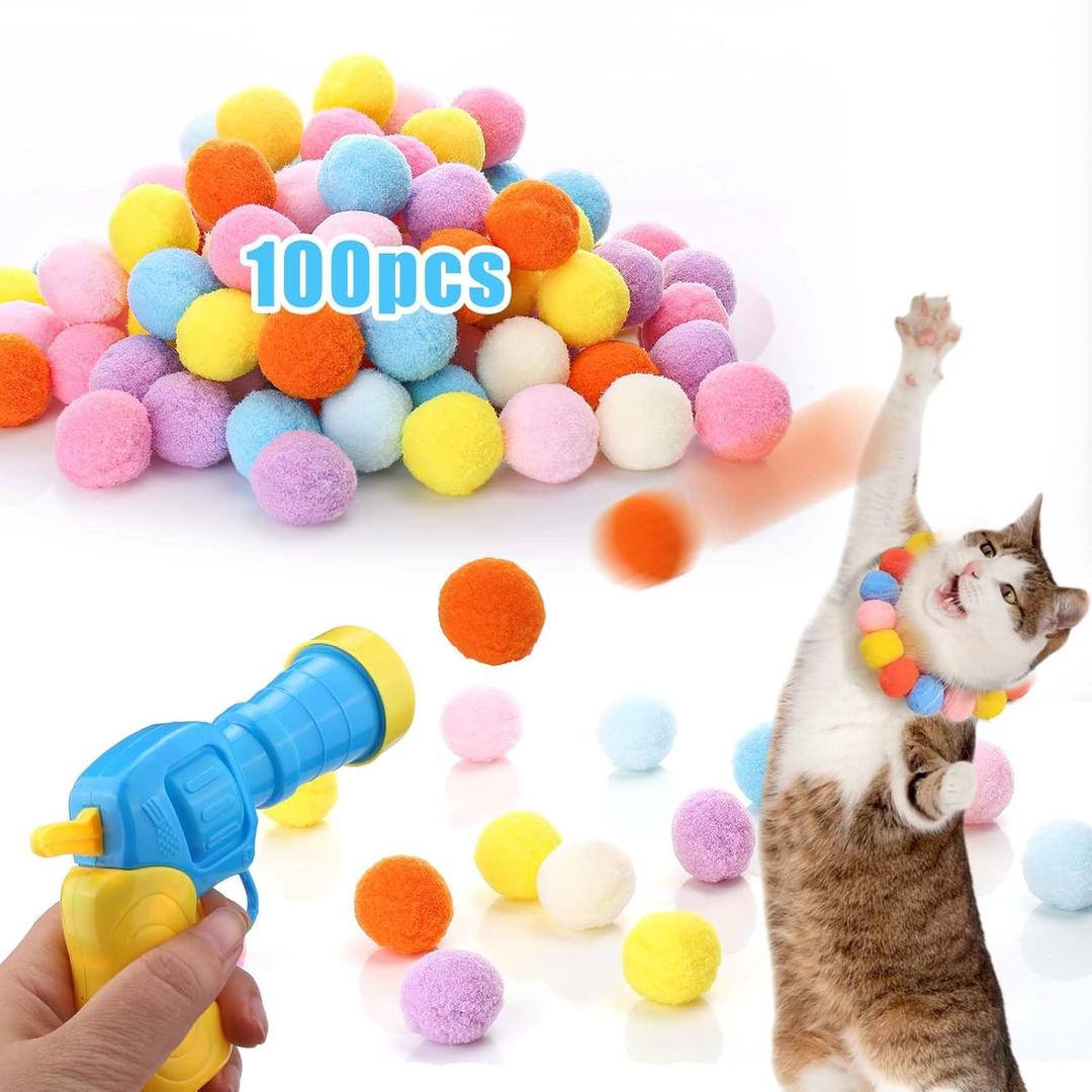 AIERSA Interactive Cat Toys - 100pcs Pom Pom Balls with Launcher Set for Indoor Cats, Kitten Enrichment