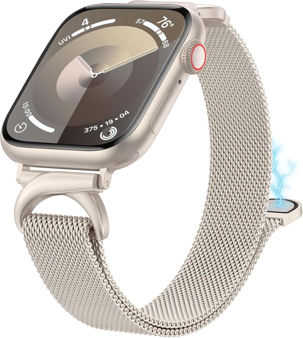 Stainless Steel Loop Compatible with Apple Watch Band 38/40/41/42/44/45/46/49mm, Women Metal Mesh Magnetic Slim Strap with C-Shape Clasp for iwatch SE Series 10/9/8/7/6/5/4/3/2/1 Ultra 1/2 (Starlight)