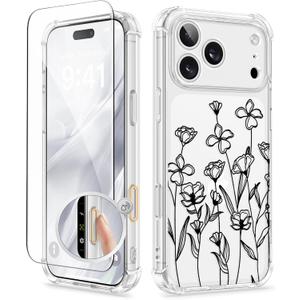 GVIEWIN for iPhone 17 Pro Max Case with Screen Protector, Upgraded [Full Camera Protection] [Non Yellowing] Floral Slim Shockproof Clear Women Phone Cover for iPhone 17 Pro Max 6.9" (Sketch/Black)