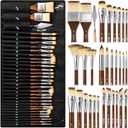 Nicpro 30pcs Paint Brush Set, Professional Paintbrushes with Paint Spatula and Cloth Roll, Craft Paint Brushes for Acrylic Painting, Oil, Watercolor, Gouache, Art Supplies for Artists and Beginners (Wood)