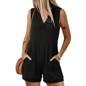 Acelitt Womens Rompers Summer Casual V Neck Sleeveless Overalls Loose Shorts Jumpsuit with Pockets (Large, Black)