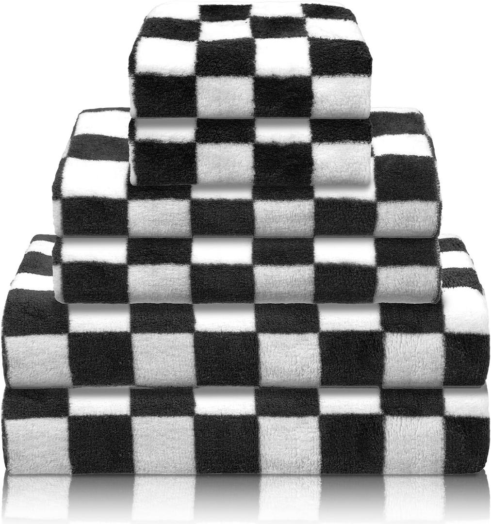 Kinlop 6 Pcs Checkered Bath Towels Set Coral Washcloth Quick Dry Patterned Thin Coral Fleece Hand Towel for Bathroom Back to School Gym Spa Beach Accessories (Dark Grey, Checkered)