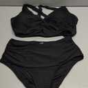 Herseas Women's Textured Bikini Sets Twist Front Top Swimsuits High Waisted Bathing Suits (Large, Black)