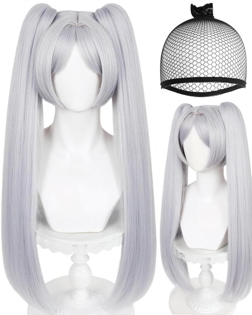 ANOGOL Hair Cap + White Ponytail Wig Women Long Straight Silver Wigs for Cosplay Synthetic Hair Silver Anime Wig with Double Ponytails White Pigtail Wig for Halloween Party Costume Outfit