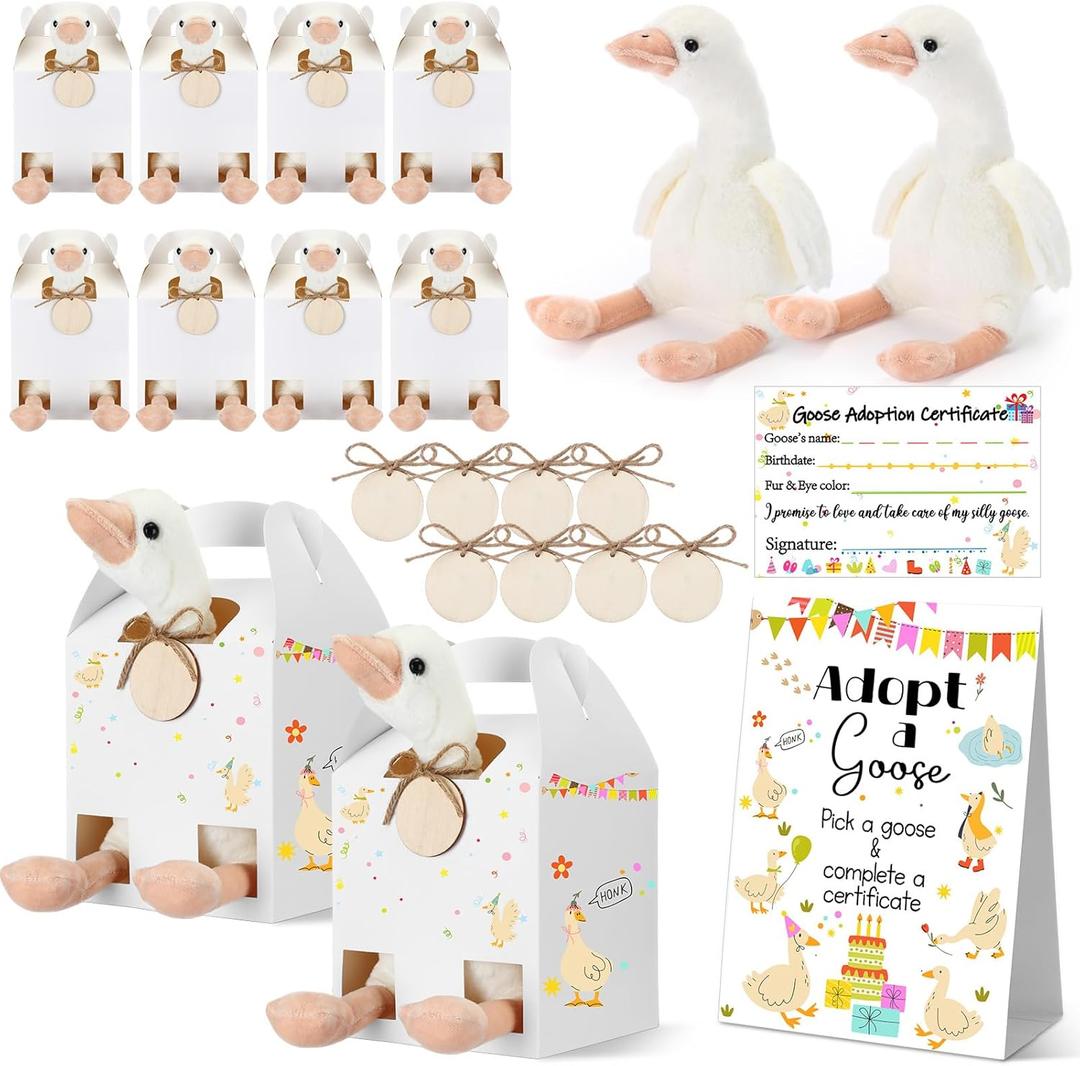 HyDren 33 Pcs Adopt Party Favors Include Adoption Sign Certificate Plush Stuffed Birthday Hats White Paper Boxes for Adopt an Party Supplies Animal Baby Shower Birthday Decoration(8 Goose)