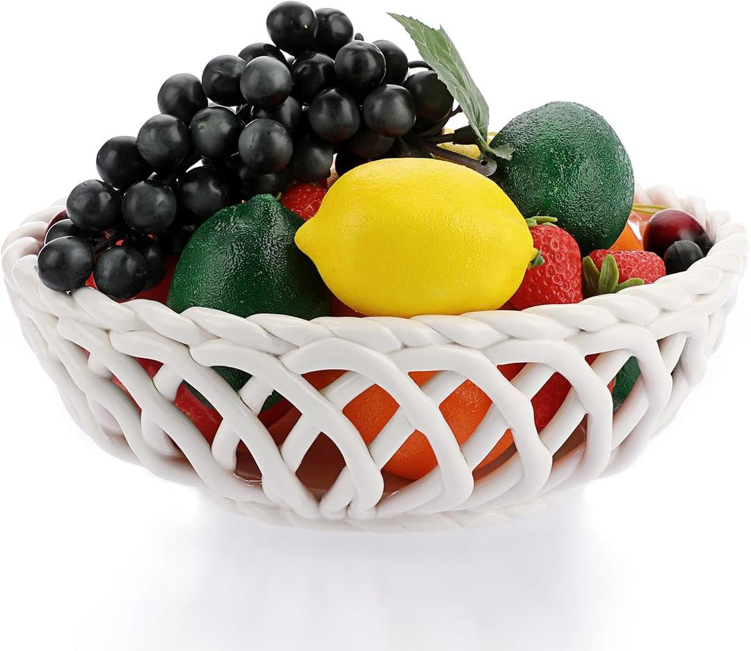 OwnMy Ceramic Fruit Bowl for Kitchen Counter, Decorative Round Ceramic Fruit Basket for Fridge and Home Decors, Large White Fruit Bowl Holder for Kitchen Countertop (10 Inch)