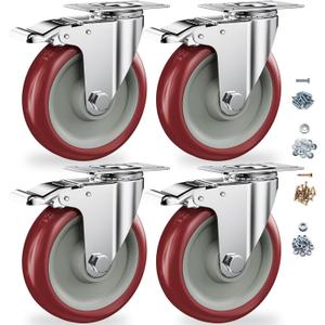 5 Inch Heavy Duty Casters with Brake - Set of 4, 1400lbs Capacity, Double Ball Bearing Non-Marking Caster Wheels, Plate Mount for Furniture, Cart, Workbench, Tool Cabinet, Garage Storage (4 Pack)