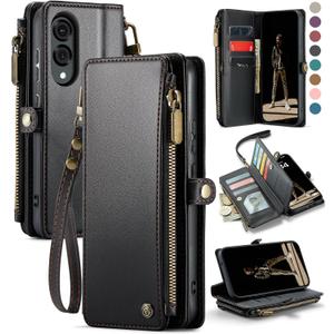 Defencase for Galaxy S25 Edge Case Wallet with RFID Blocking Card Holder for Women Men, Elegant PU Leather Magnetic Snap Flip Strap Zipper Phone Wallet Case for Samsung Galaxy S25 Edge 6.6", Black