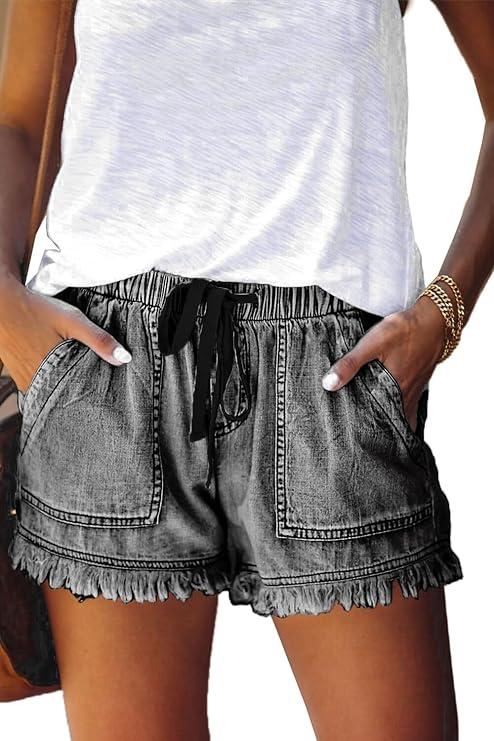 YOCUR Womens Lightweight Shorts Casual Baggy Trendy Hot Pants Elastic Waist Drawstring Comfy Shorts (Small, Black Grey)