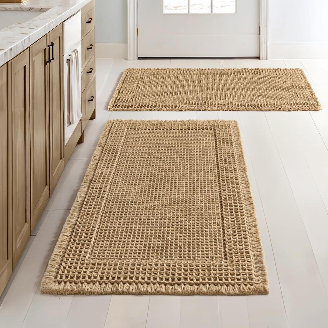 MIULEE Set of 2 Waffle Bathroom Rugs, Boho Bath Rug Super Absorbent, Non Slip Washable Ultra Soft Rubber Backed Shower Bath Mats for Floor, Tub, Shower, Bordered Design, Brown, 18x30 Inch