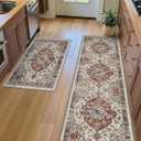 LUMI Kitchen Rug Set of 2, Washable Skin-Friendly Kitchen Floor Mats 2 Piece, Soft Throw Rug, Waterproof Kitchen Carpet Set for Sink and Laundry, Easy-Clean, Mocha Garden