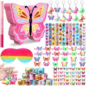 Pasimy 51 Pcs Butterfly Piata Set Butterfly Birthday Party Supplies Piata with Stick Blindfold Sticker Hairpin Ring Slap Bracelet Keychain Party Favors for Family Game Decoration(Pink)