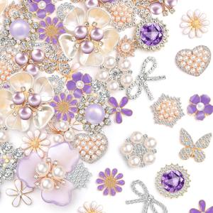 Giegxin 48 Pcs Rhinestone Buttons for Crafts Faux Pearl Embellishments Button Butterfly Flower Vintage Brooch for Wedding Decorations Jewelry Making DIY Clothes Bags Shoes Supplies(Purple)