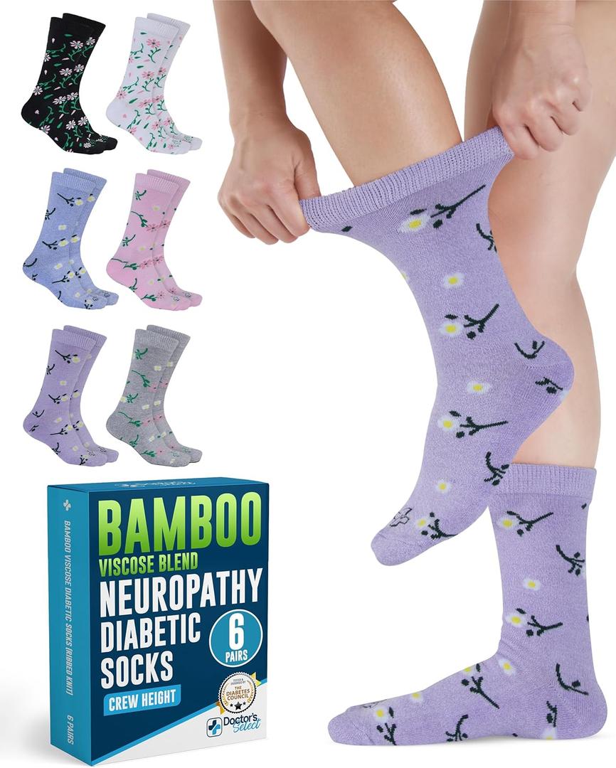 Doctor's Select Diabetic Socks for Women - 6 Pairs Knit Neuropathy Socks for Women, Moisture Wicking Bamboo Viscose
