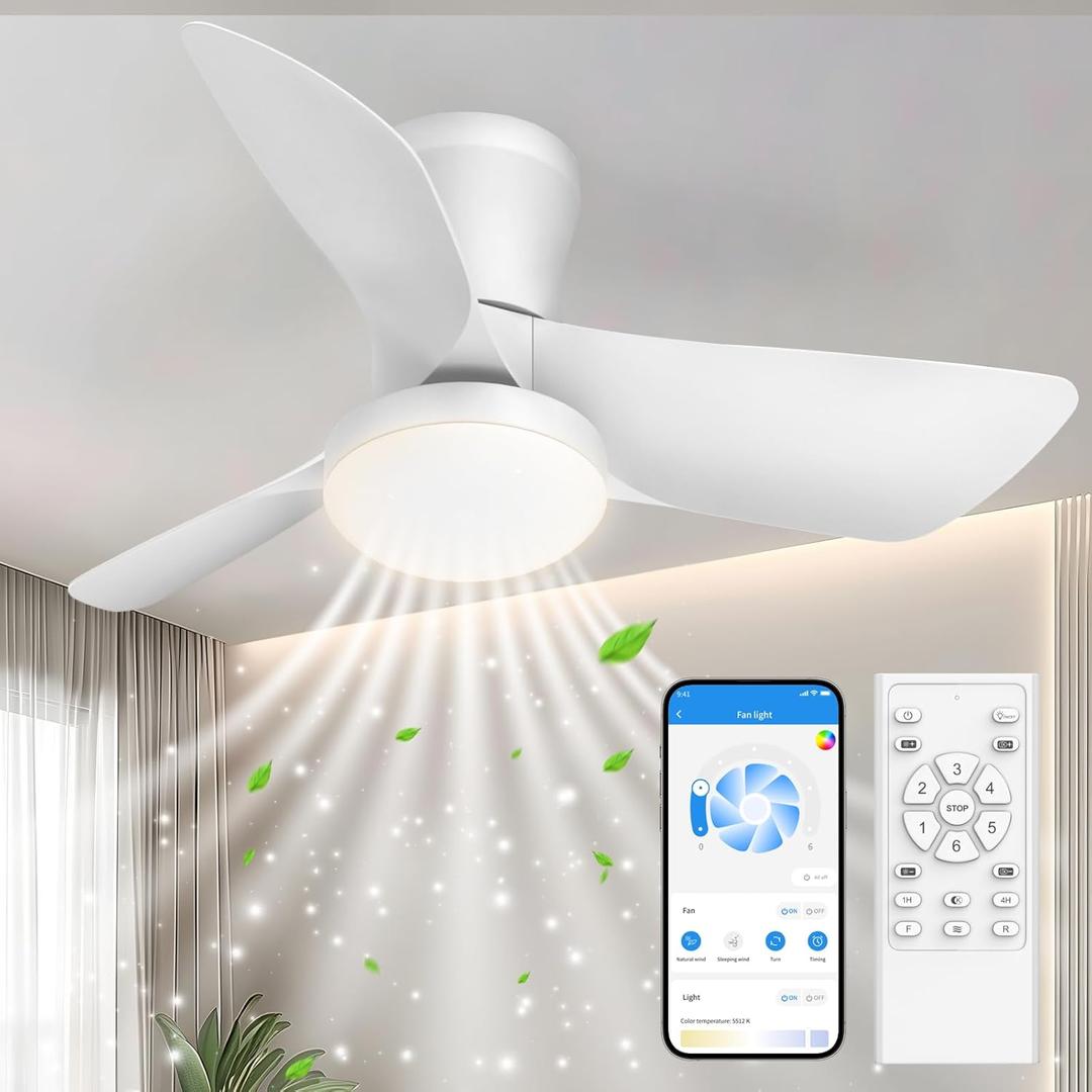 Ceiling Fans Lights with APP & Remote Control: 30 Inch Low Profile Ceiling Fans with Lights Reversible Small Flush Mount Ceiling Fan 3 Colors Quiet 6 Speeds Ceiling Fan for Bedroom Livingroom Kitchen (30 Inch, White)