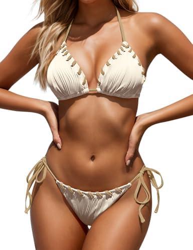Zojuyozio Women Two Piece Bikini Swimsuit Color Block Bathing Suits Halter Triangle String Bikini Sets S