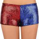 HDE Women's Red and Blue Metallic Sequin Booty Shorts for Harley Misfit Halloween Costume (X-Large)