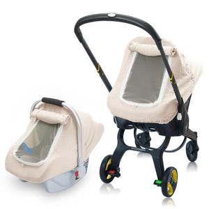 3 Layer Muslin Baby Car Seat Cover, Infant Car Seat Cover with Mesh Peep Window, Breathable Carseat Canopy for Winter, Windproof Carrier Cover with Privacy Sun Shade, Baby Stroller Weather Shields (Wheat)