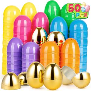 50 PCS 2.4"" Plastic Easter Eggs, 42 Pcs Empty Easter Eggs with 8 Golden Eggs, Fillable Egg with Hinge for Easter Hunt, Basket Stuffers, Classroom Prizes, Party Favors Supplies